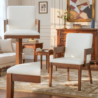 Sunvega Modern Walnut Finish Wood and White Glossy PU Leather Dining Chairs Set of 2