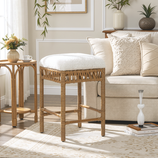 Sunvega Backless Upholstered Counter Stool with Resin Rattan Frame Ivory Boucle