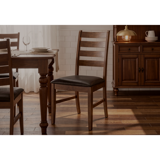 Sunvega Set of 2 Transitional Slat-Back Dining Chairs with Brown Leather Look Upholstery