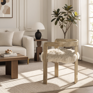 Sunvega Low Back Genuine New Zealand Sheepskin Fur Dining Chair with Solid Ash Wood Frame