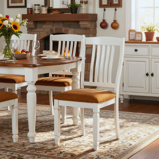 Sunvega Rustic White Slat Back Upholstered Side Chair Set of 2