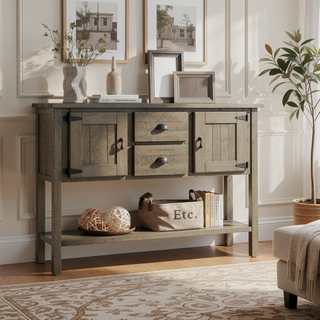 Sunvega Retro Style Solid Pine Wood Sideboard Console Table with 2 Drawers and Cabinets