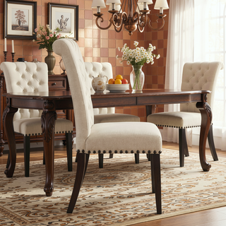 Sunvega Sand and Rustic Espresso Tufted Side Chairs with Rolled Backrest and Padded Seat