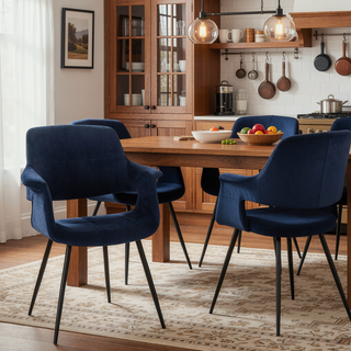 Sunvega Black Metal and Blue Velvet Glam Art Deco Chair with Cushioned Seat Set of 2