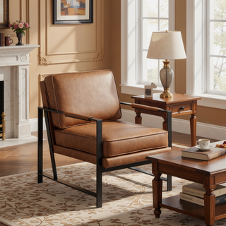 Sunvega Franklin Contemporary Black Metal and Camel Faux Leather Arm Chair