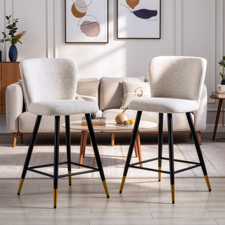 Sunvega Modern Barstool with White Fabric Seat and Black Gold-Tipped Metal Legs