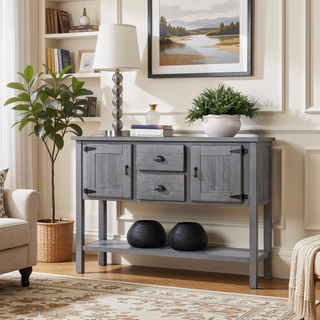 Sunvega Retro Style Solid Pine Wood Sideboard Console Table with 2 Drawers and Cabinets