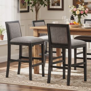 Sunvega Retro Bar Stools Set of 2 with Grey Fabric Sponge Cushion and Black Distressed Rubberwood Frame