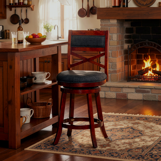 Sunvega 24 Inch Counter Height X-Back Swivel Stool with Beige Fabric Seat and Cherry Finish