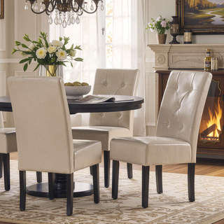 Sunvega Espresso Stained Legs Ivory Bonded Leather Button Tufted Dining Chairs
