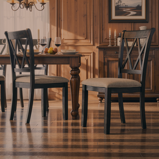 Sunvega Black Rubberwood Upholstered Dining Chairs with Tan Linen-Look Set of 2