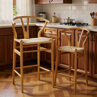 Sunvega Mid-Century Wishbone Barstool with Woven Papercord Seat Fully Assembled Walnut