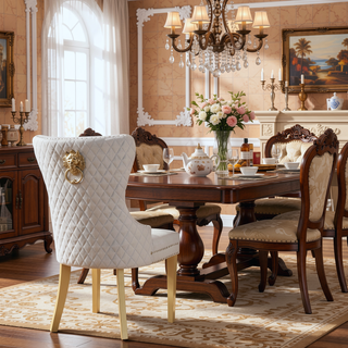 Sunvega Gold Velvet Upholstered Dining Chair with Lion Head Accent and Quilted Back