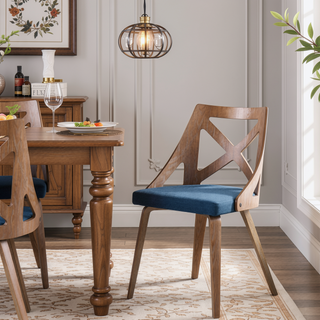 Sunvega White Washed Wood and Blue Fabric Farmhouse Dining Chair Set of 2
