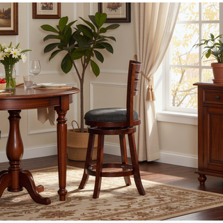 Sunvega Cherry Finish Beige Fabric Slat Back Swivel Stool for Counter Height