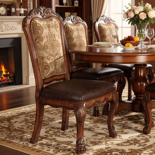 Sunvega Vintage Cherry Oak Side Chair with Claw Leg and Floral Trim