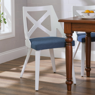 Sunvega White Textured Wood and Blue Fabric Charlotte Farmhouse Chair Set of 2
