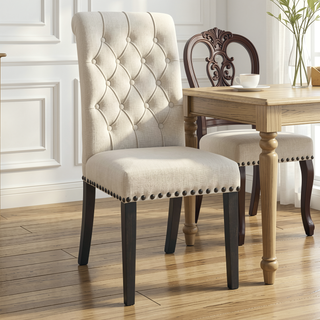 Sunvega Sand and Rustic Espresso Tufted Side Chairs with Rolled Backrest and Padded Seat