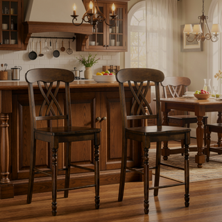 Sunvega Walnut Counter Height Stools with Scooped Seat and Footrest Set of 2