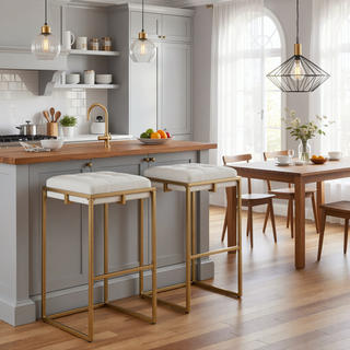 Sunvega Beige and Gold Tufted Cushion Stools with Square Design for Modern Interiors