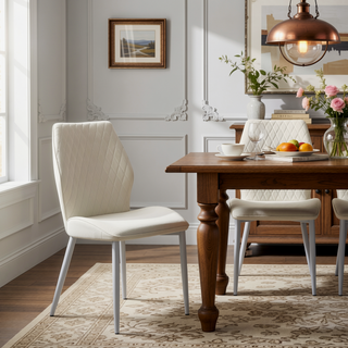 Sunvega Modern Beige Velvet Upholstered Dining Side Chairs with White Metal Legs