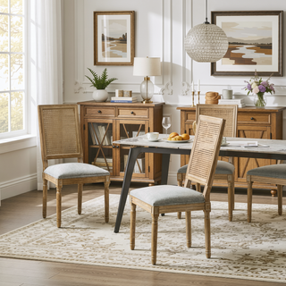 Sunvega French Country Dining Chairs with Cane Backrest Upholstered Seats and Fluted Legs