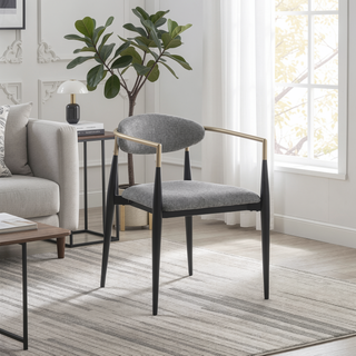 Sunvega Mistra Grey Upholstered Dining Arm Chair with Black Base and Gold Arms