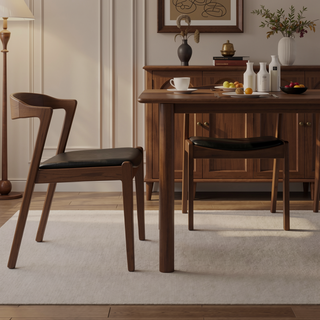 Sunvega Mid-Century Modern Walnut Solid Wood Black Leather Dining Chair Set