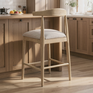 Sunvega Mid-Century Modern Rubberwood Counter Stool with Curved Backrest and Puffy Seat