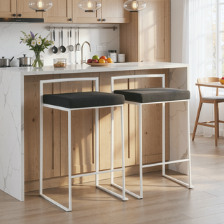 Sunvega Contemporary Stackable Counter Stool with Black Velvet Cushion in White - Set of 2