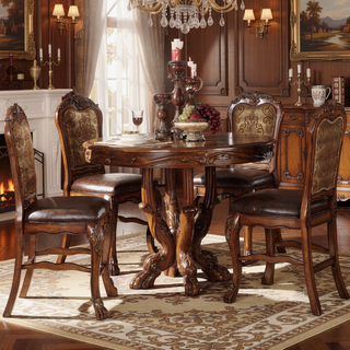 Sunvega Beige and Cherry Oak Counter Height Chairs with Ornate Carved Wood Legs
