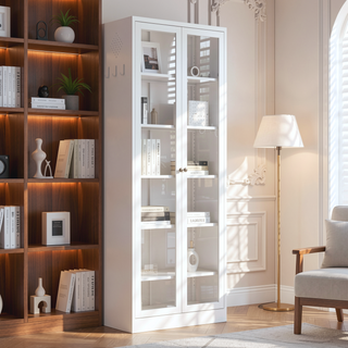 Sunvega Modern Kitchen Pantry Cabinet with Glass Doors and Adjustable Shelves for Living Room