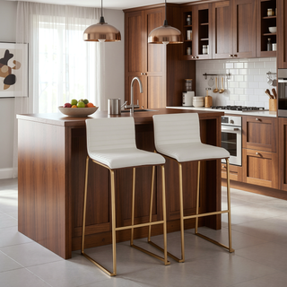 Sunvega Mason Mara Contemporary Fixed-Height Barstool in Gold Metal and White Faux Leather