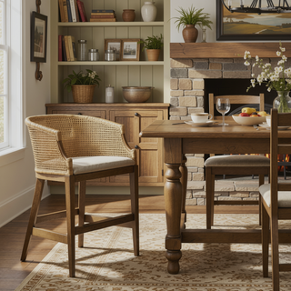 Sunvega Handcrafted Natural Rattan and Linen Upholstery Counter Stool