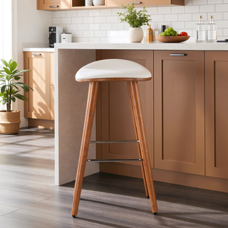Sunvega Mid-Century Modern Counter Stool with Faux Leather Seat and Wood Legs