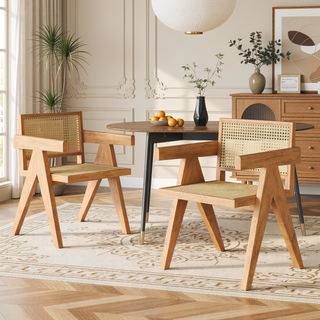 Sunvega Natural Rattan Dining Chairs with Perforated Design Set of 2 for Living Room