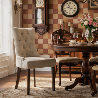Sunvega Beige and Weathered Oak Tufted Back Parson Chairs with Sturdy Wood Legs