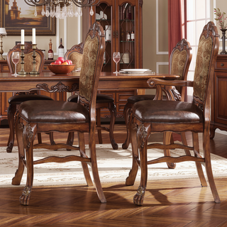 Sunvega Beige and Cherry Oak Counter Height Chairs with Ornate Carved Wood Legs