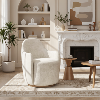 Sunvega Ivory Polyester Upholstered Swivel Barrel Chair with Cocoa Wood Base