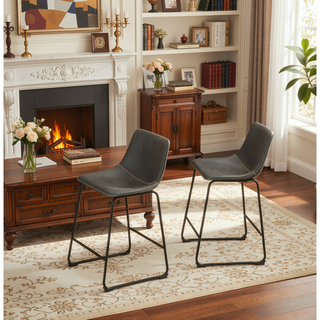 Sunvega Antique Brown PU Leather Counter Height Stools with Iron Frame, Set of 2