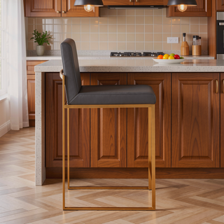 Sunvega Gold Steel Grey Faux Leather High Back Counter Stool Set of 3