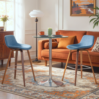 Sunvega Mid Century Modern Bentwood Counter Bar Stool Set with Blue Linen Look Upholstery
