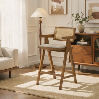 Sunvega Light Walnut Woven Rattan Wood Bar Chair Set with Padded Seats