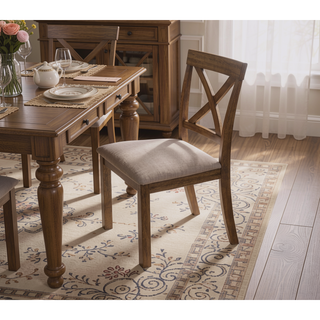 Sunvega Antique Oak Wood Dining Chair Set with Open X Back and Padded Cushion