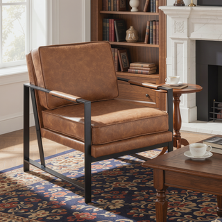Sunvega Franklin Contemporary Black Metal and Camel Faux Leather Arm Chair