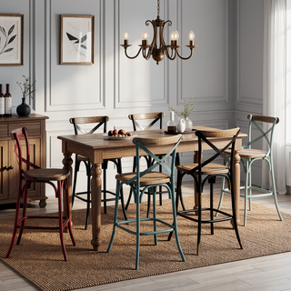 Sunvega Antique Turquoise and Oak Bar Stool with Cross Back and Wooden Seat