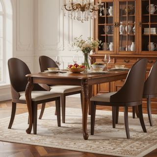 Sunvega Dark Walnut Brown Curved Panel Back Dining Chairs with Off White Fabric