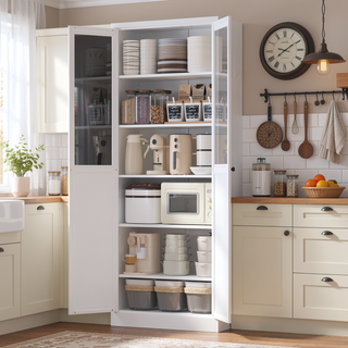 Sunvega Modern Kitchen Pantry Cabinet with Glass Doors and Adjustable Shelves for Living Room