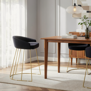 Sunvega Gold Metal Frame Counter Stool with Black Velvet Upholstered Seat and Backrest