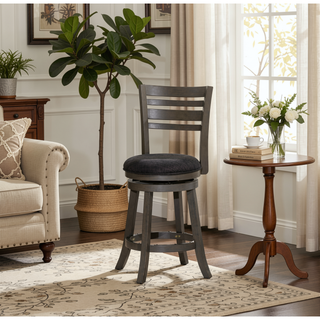 Sunvega Cherry Finish Beige Fabric Slat Back Swivel Stool for Counter Height